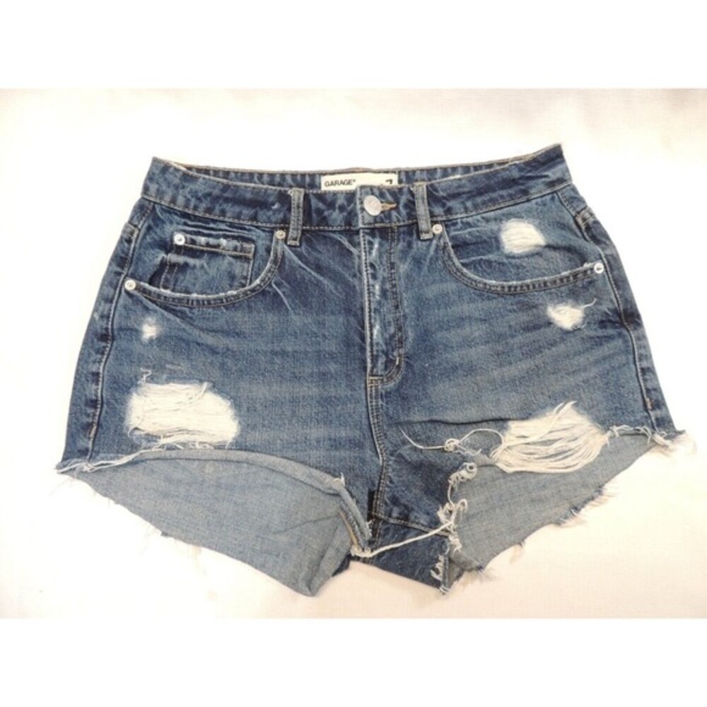 Garage Festival Denim Shorts Women 7 Blue Distressed High Waisted Raw Hem Boho